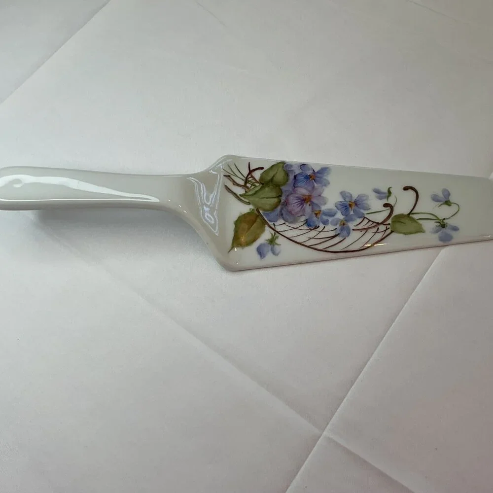 Vintage S Tessenyi Hand Painted Porcelain Cake Pie Server Floral 10” Cottagecore